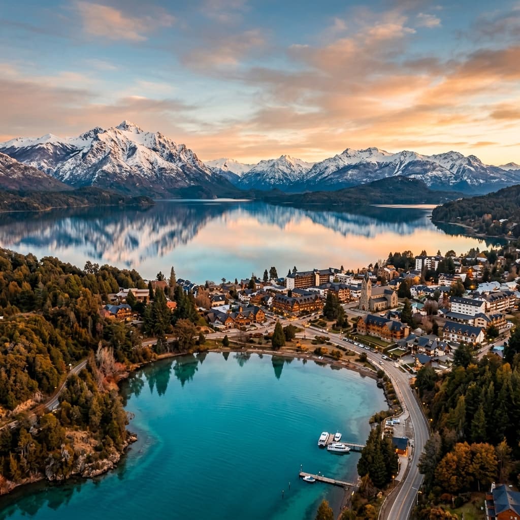 San Carlos de Bariloche con el lago Nahuel Huapi y la Cordillera de los Andes