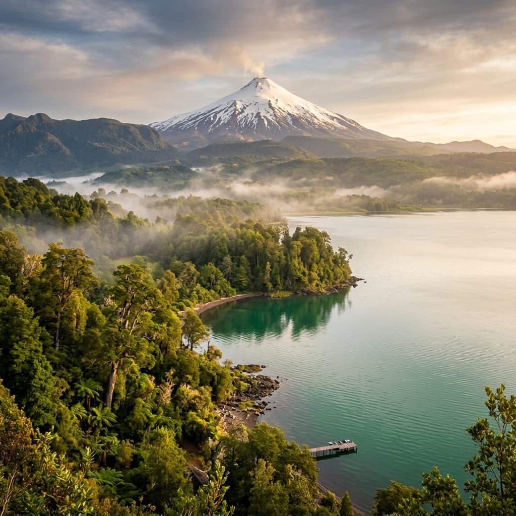 Paisaje del Sur de Chile con lagos, bosques nativos y volcanes en la Ruta Siete Lagos